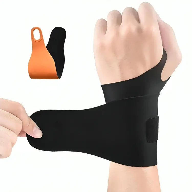 Black Padel Pick wrist brace worn on a wrist with the adjustable strap open