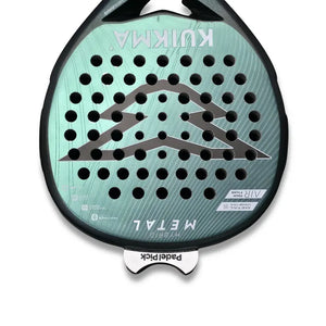 White Padel Pick ball picker attached to the bottom of a padel racket frame