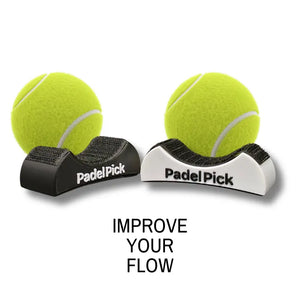 Black and white Padel Pick ball pickers each cradling a padel ball