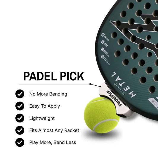 Padel Pick ball picker clipped to a padel racket lifting a ball, with feature highlights