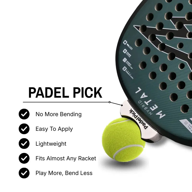 Padel Pick ball picker clipped to a padel racket lifting a ball, with feature highlights