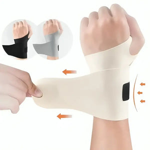 Beige Padel Pick wrist brace being wrapped around the wrist for adjustable compression
