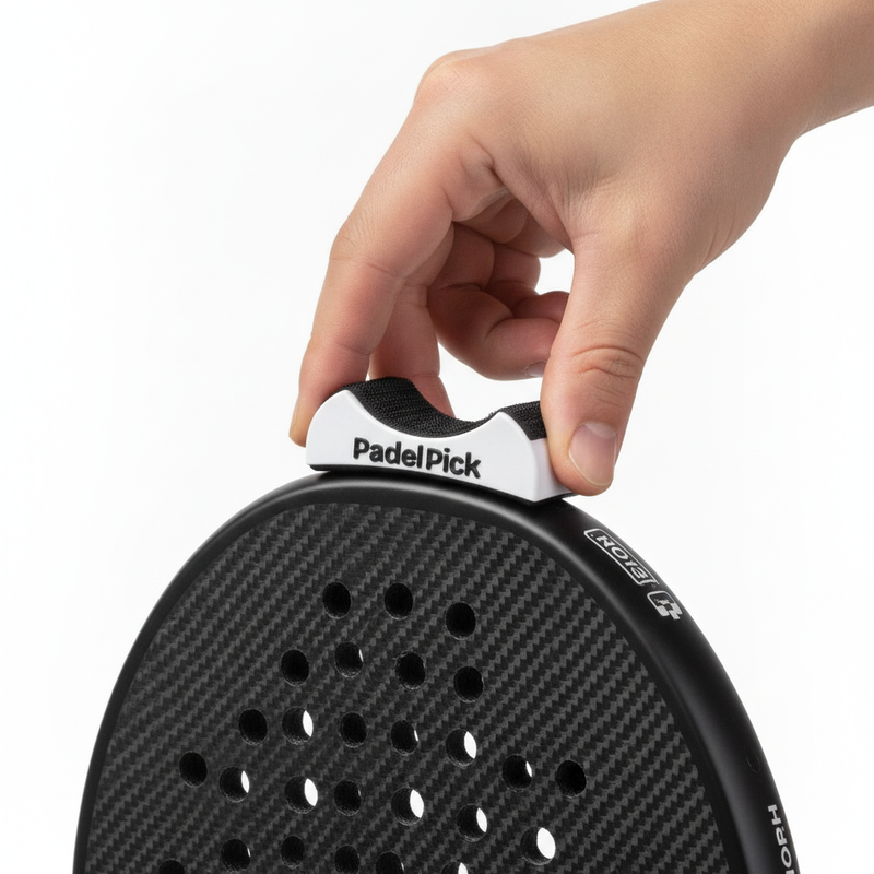 Pressing the white Padel Pick clip onto the top edge of a padel racket