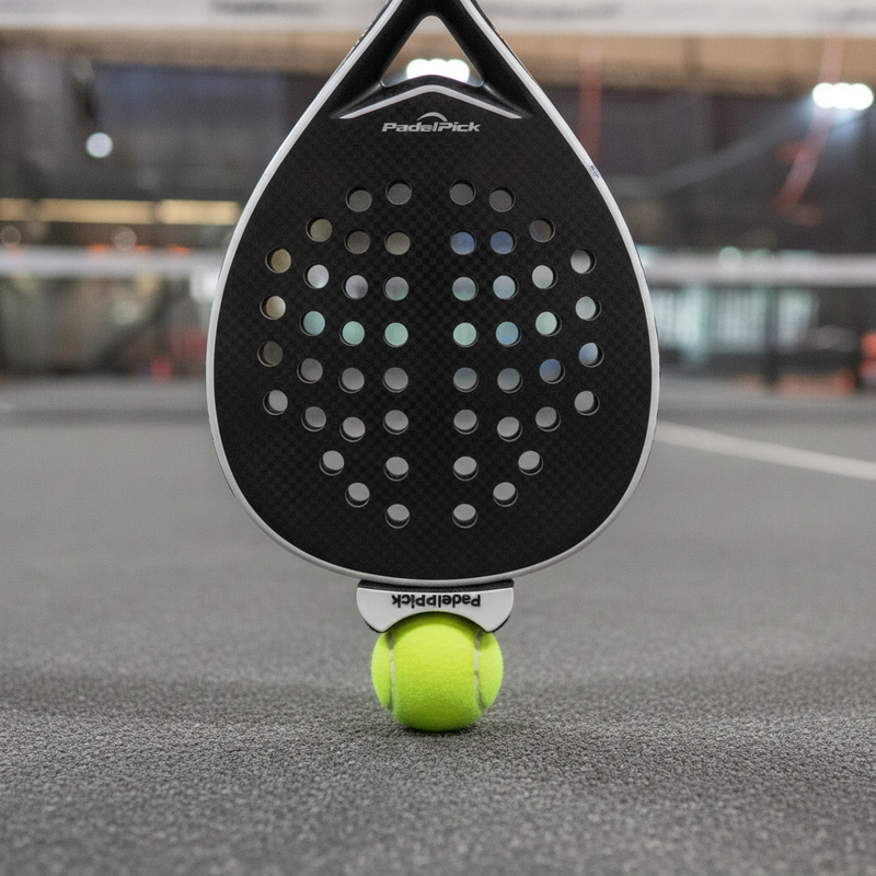A padel racket with the Padel Pick clip scooping a ball off the court floor