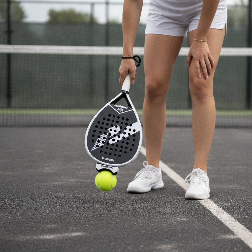 Padel player standing upright scooping a ball with the Padel Pick clip on the racket