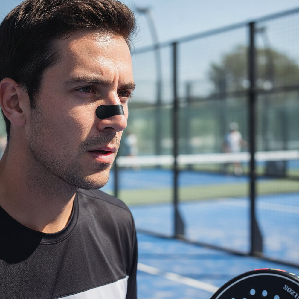 Padel player wearing a Padel Pick nasal strip taking a deep breath on court