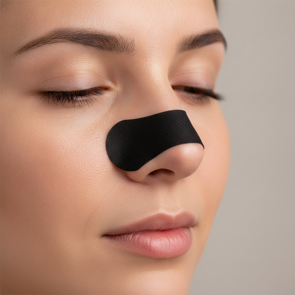 Close-up of a gentle Padel Pick nasal strip applied on the nose