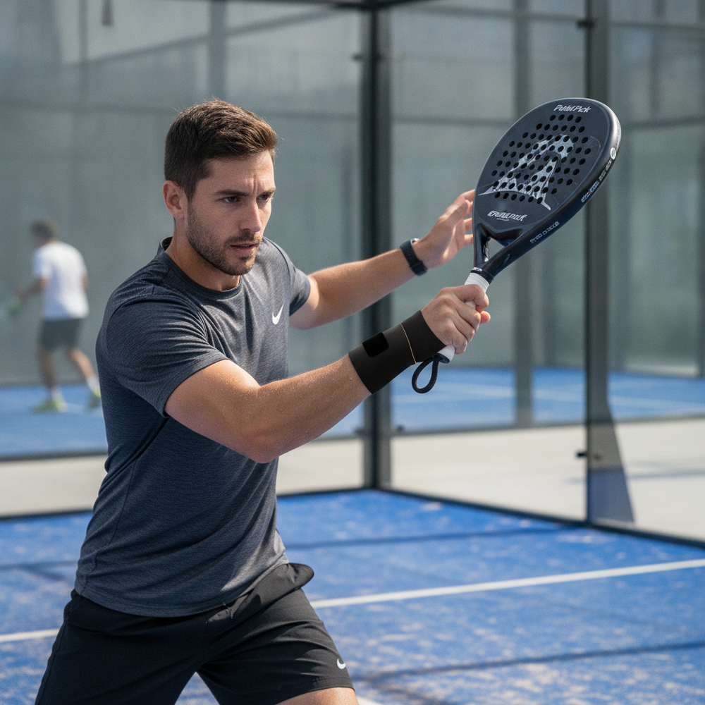 Padel player wearing the Padel Pick wrist brace mid-swing hitting a shot