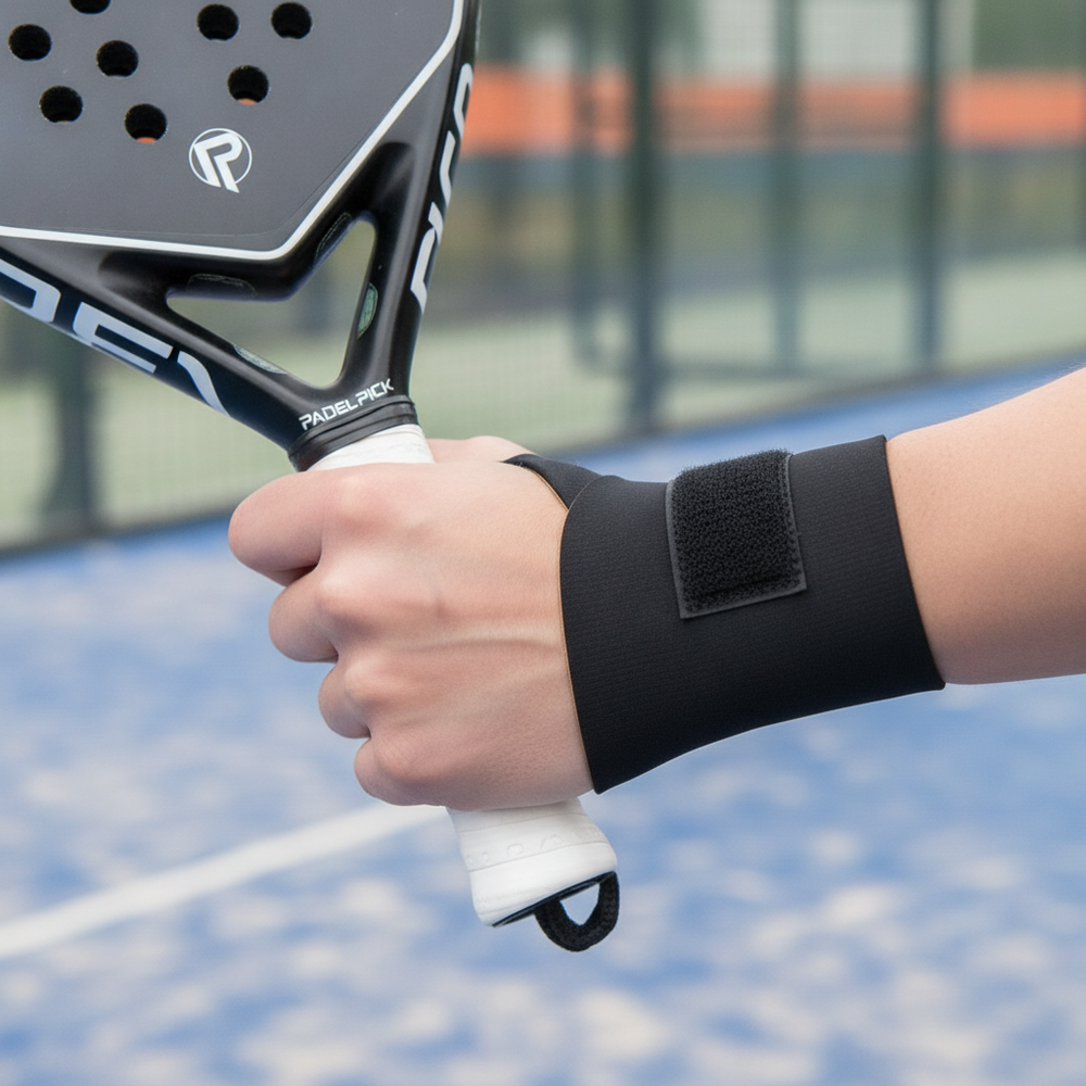 Close-up of the thin Padel Pick wrist brace on a wrist gripping a racket